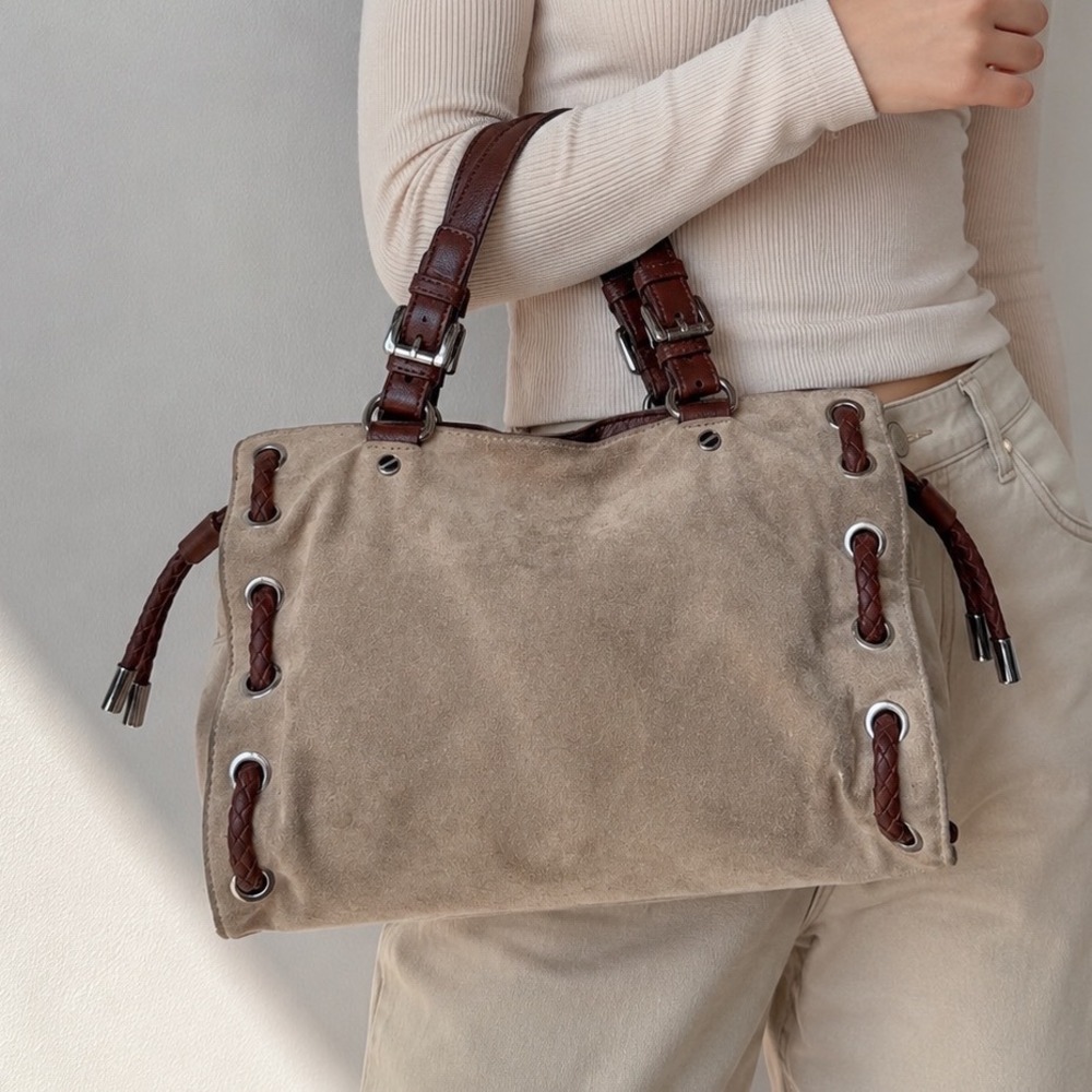 Michael Kors Tan Suede Brown Leather Braided Satchel Handbag boho western